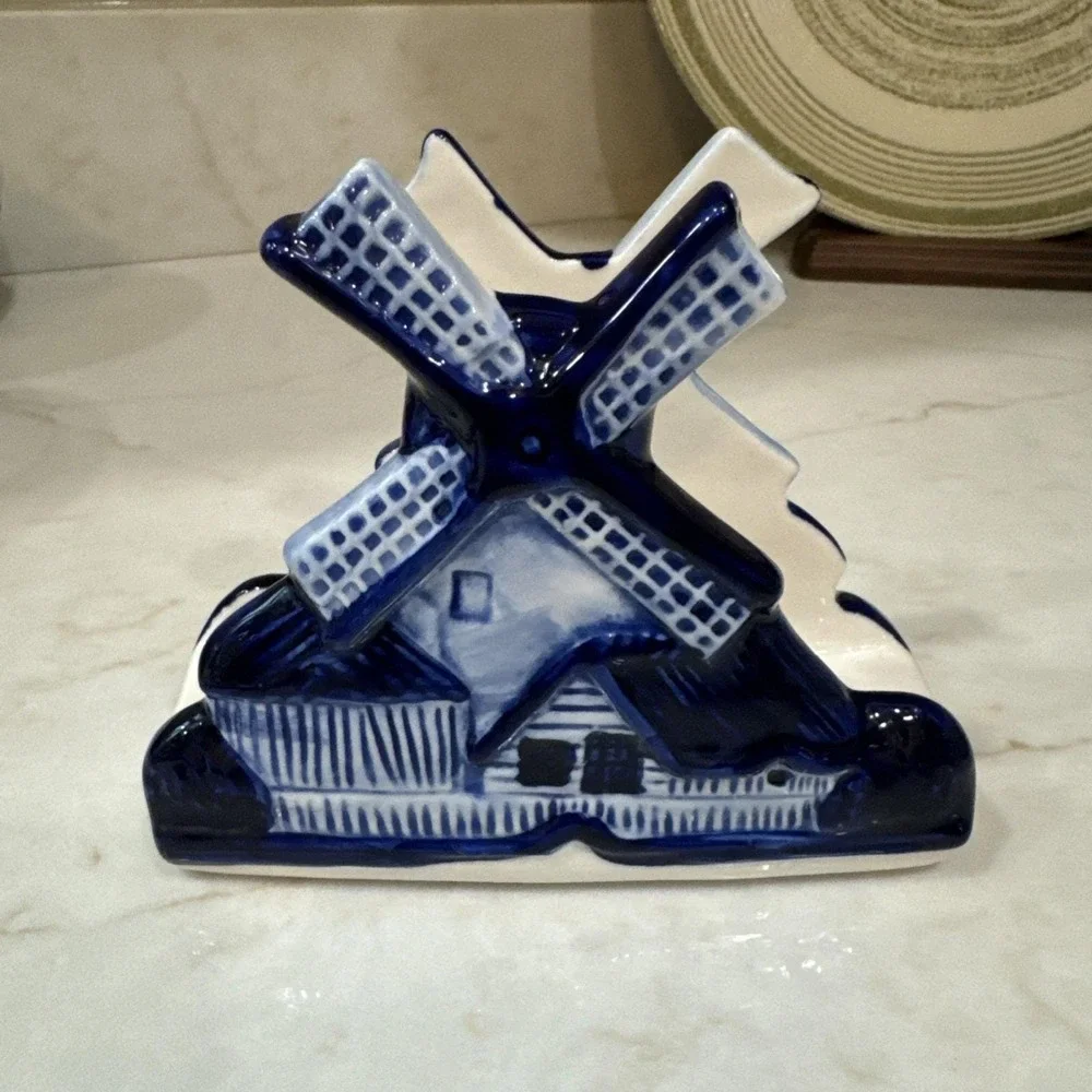 Vintage Delft Blue Holland Blue and White Windmill Shaped Napkin Holder